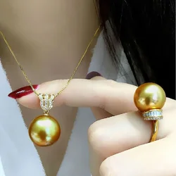New  AAA+ 11-12mm Natural Gilded with seawater, luxurious and rich gold round south sea pearl pendant ring set 925 gift box