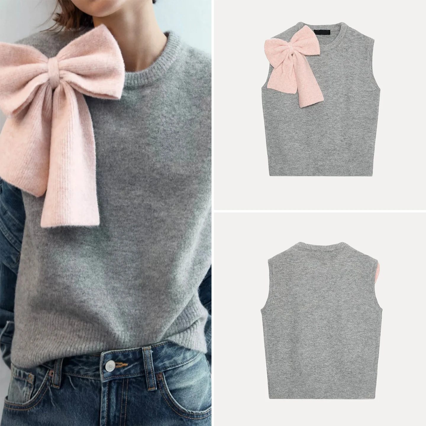 

Sweet Knot Decorated Vest Sle Knitted Sweater Z Women's Faion 2025 New Arrival European Sle round Ne