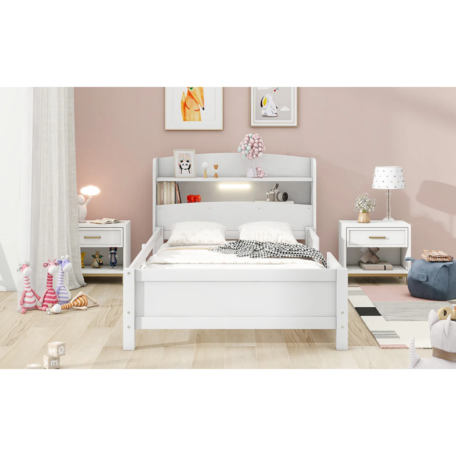 Cama de plataforma de tamanho duplo de madeira LED cabeceira guarda-corpo armazenamento branco