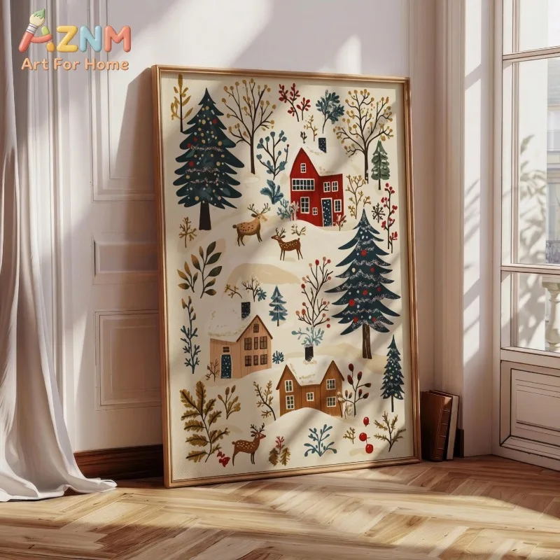 Unframed Canvas Wall Art Winter Christmas Scene Print with Reindeer Cabins Pine Trees Poster for Living Room Bedroom Xmas Decor