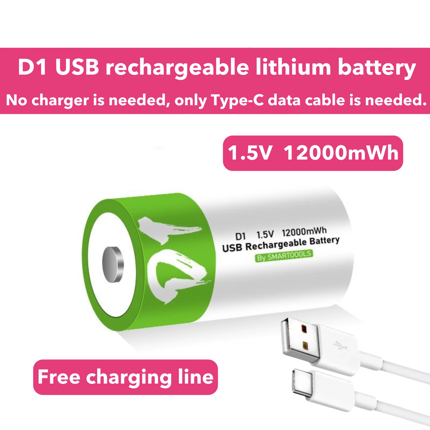 

D1 Battery 1.5V 12000Mwhd1 Rechargeable Battery Lr20 USB Rechargeable Battery, Natural Gas Battery, Recorder Natural Gas Furnace Household Water Heater, Flashlight Battery