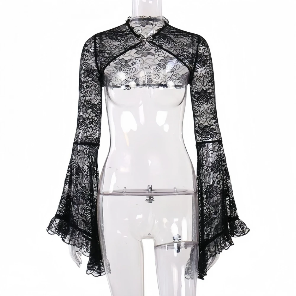 Seksowna koronkowa bluzka z wycięciami, zapinana na guziki, z rękawami typu dzwon, narzutka, modny etniczny strój sceniczny od xiao