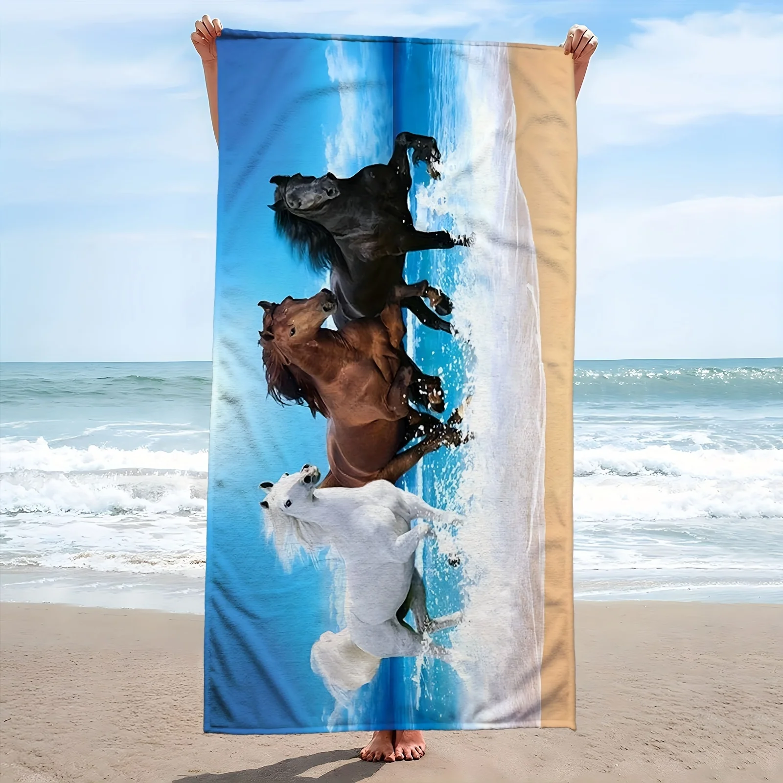 Horses Surfing on Wave Beach Towel Patterned Sunscreen And Windproof Suitable For Swimming Pool Camping Travel Blanket