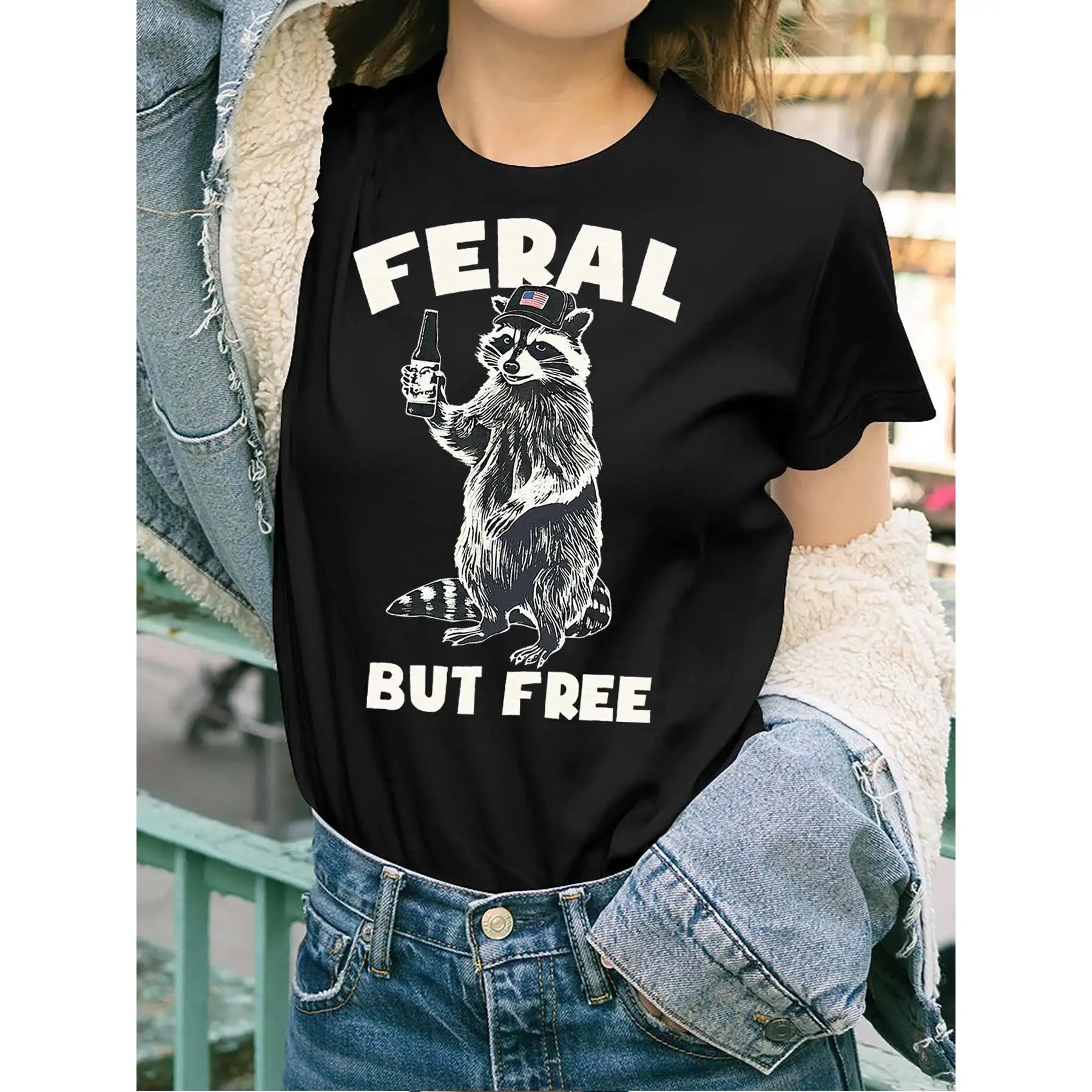 

Feral But Free Statement T-Shirt, Grunge Style Raccoon Graphic Tee, Unique American Flag Hat Animal Lover, Causal Streetwear