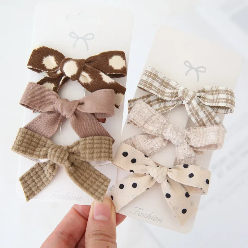 6 ピース/セット新ファッション韓国の甘い女の子チェック柄生地弓ヘアクリップ子供シンプルなニットフラワークリップヘアアクセサリー