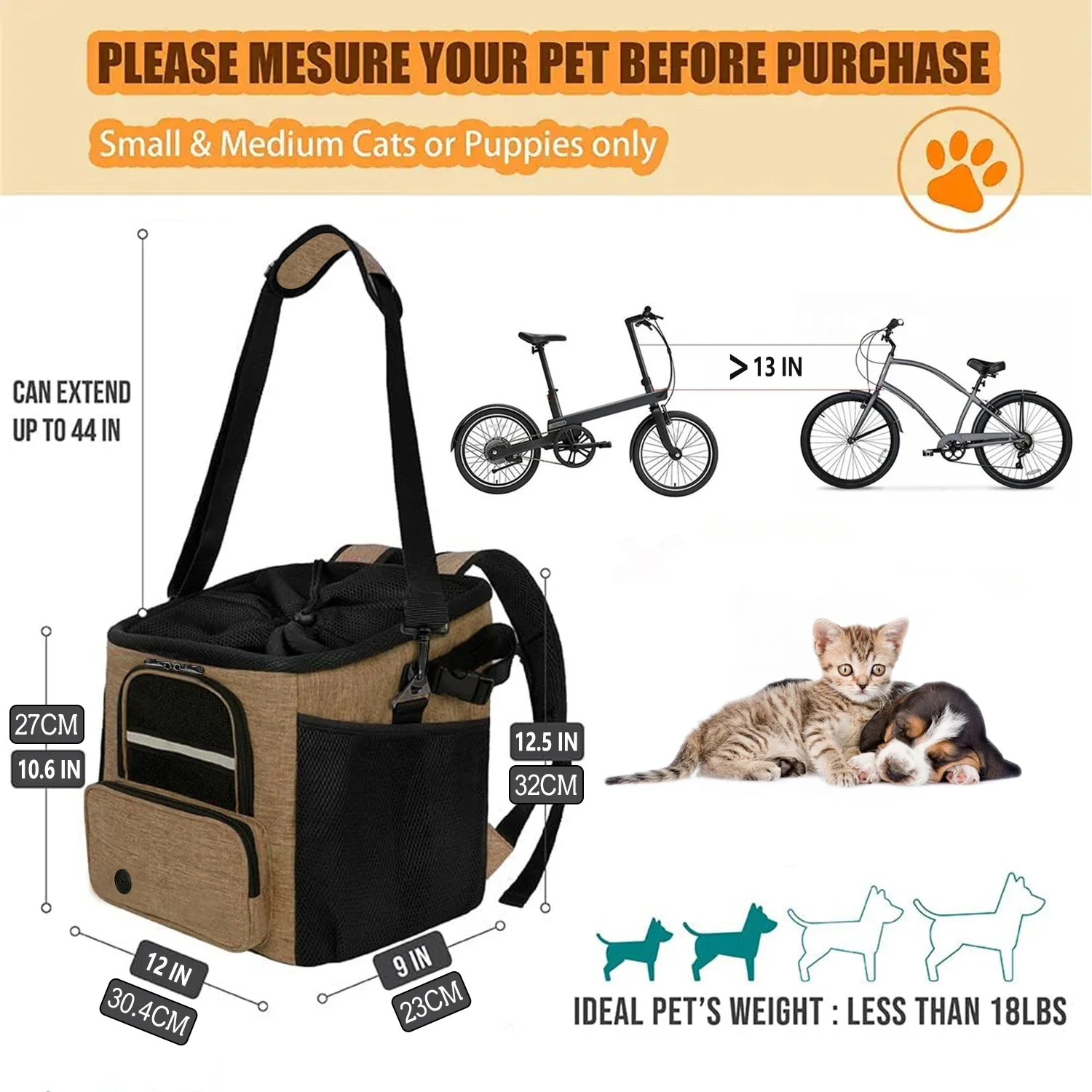 Bicycle Front Basket, Bicycle Pet Dog Carrying Bag, Removable Bicycle Suspension Folding Duffel Bag, 15 lbs Weight Capacity