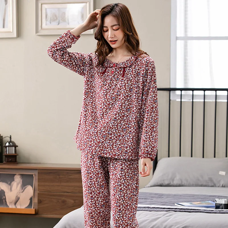 Autumn Knit Cotton Long Sleeve Pajamas For Middle Aged Lady Round Neck Sleepwear Small Flower Female Lounge Pajama Sets