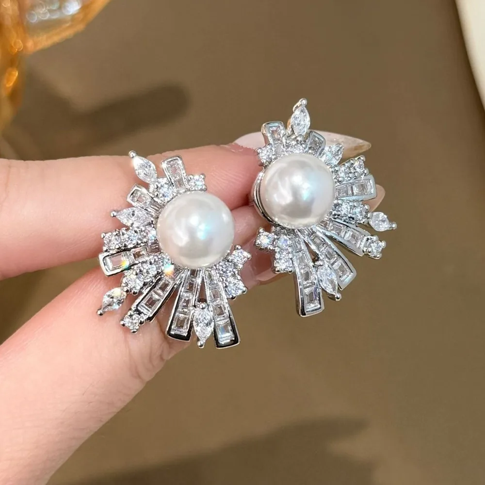 Vintage French Style Sunflower Pearl Stud Earrings for Women, Lab Created Diamonds, Exquisite Wedding Dinner Statement Jewelry