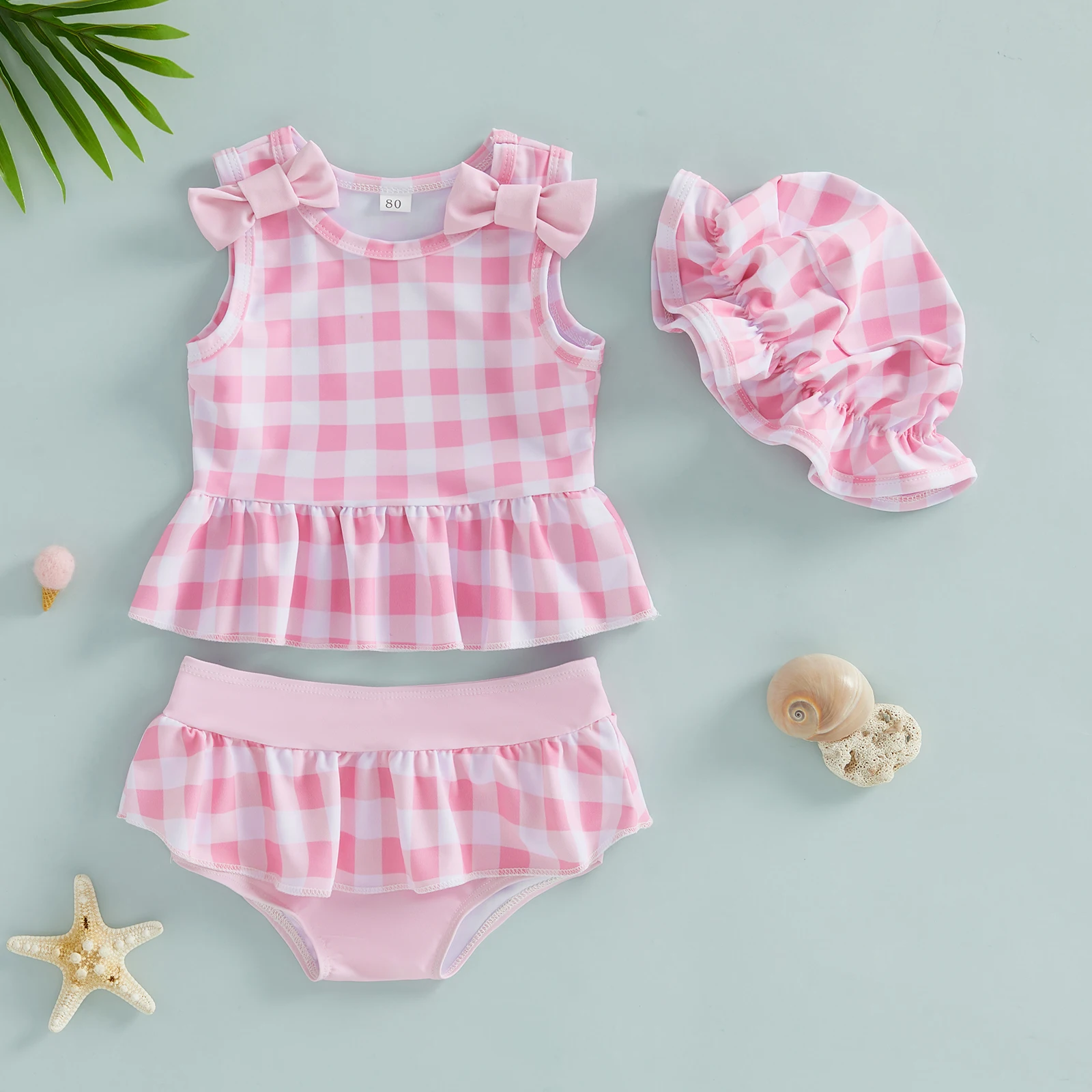 

Купальник для маленьких девочек, клетчатый/с цветочным принтом, без рукавов, с рюшами, топы для плавания, стринги, шляпа от солнца, купальный костюм из 3 предметов, летняя пляжная одежда