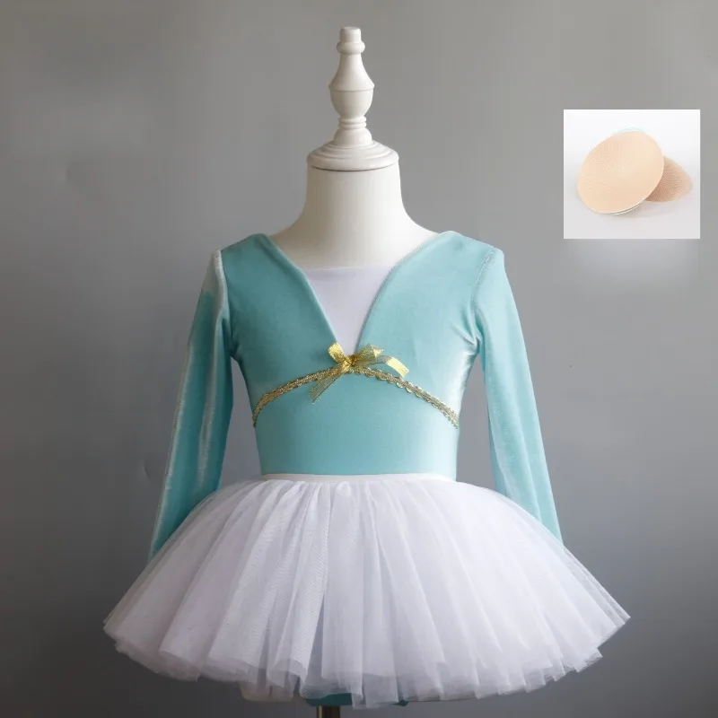 Velvet Splice Ballet Leotard Long Sleeve VNeck Gold Bow Lace Trim Insert Chest Pad Warm Gymnastics Stage Training Dance Bodysuit