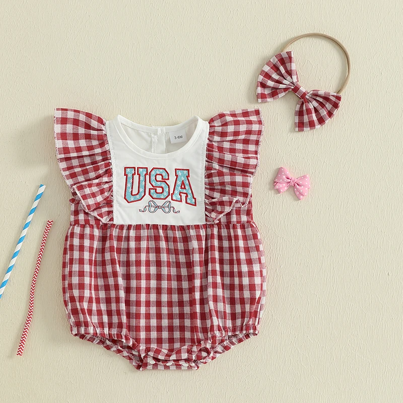 

Baby Girl 4th of July Romper Flutter Sleeve Round Neck Letter Embroidery Plaid Bodysuit with Bow Headband