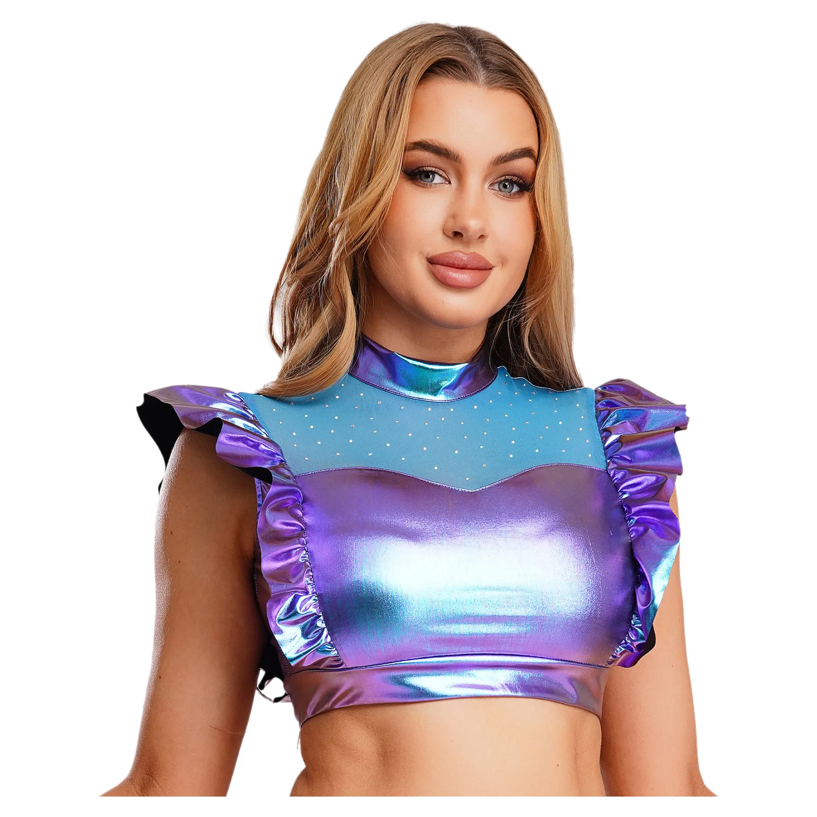Top corto metálico brillante con volantes y diamantes de imitación para mujer, camiseta sin mangas con cuello simulado y malla transparente en la parte delantera, ropa para discoteca Rave