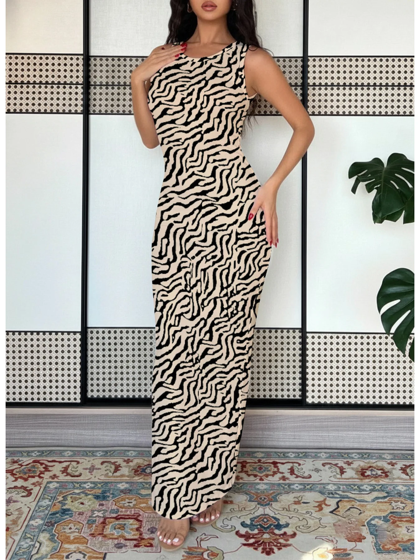 Damen Geometrisches Zweifarbiges Ärmelloses Kleid mit Rundhalsausschnitt Sommer Lässig Bequem Modisch mit Trägern Langer Rock – Detail 8