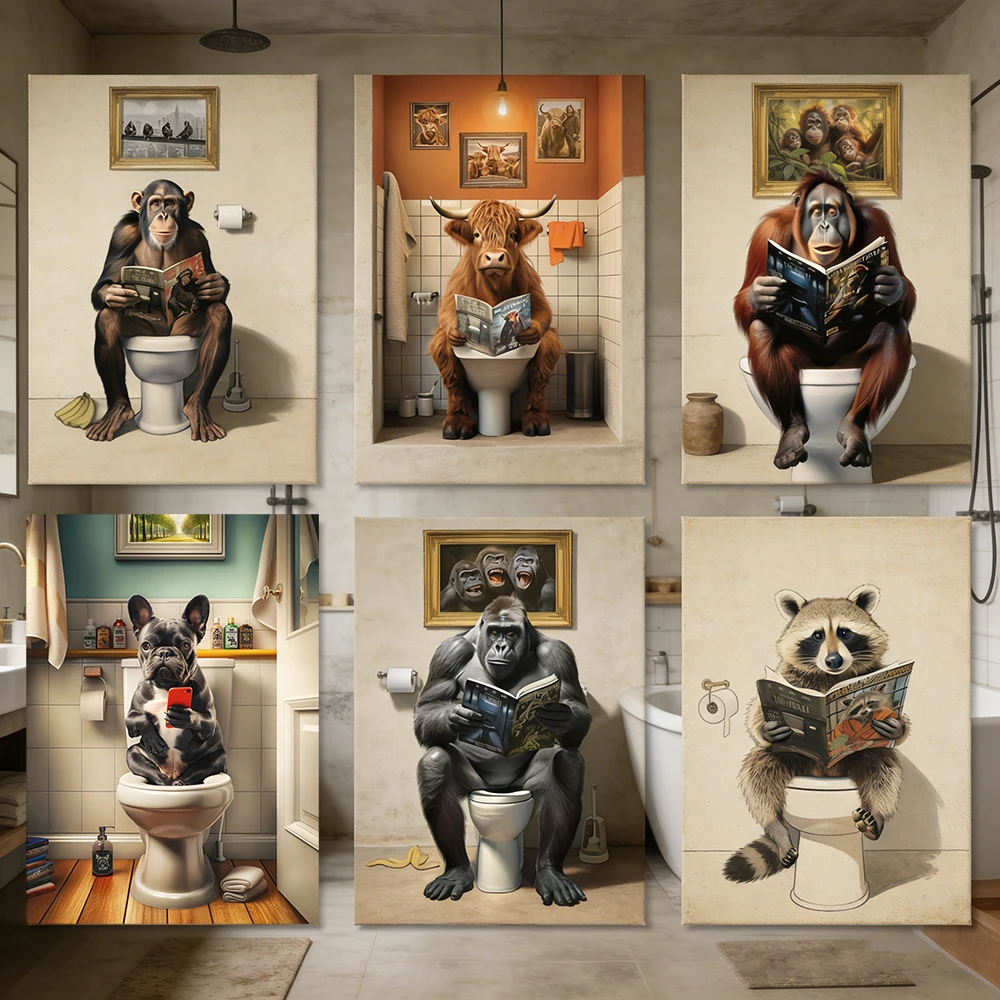 Resin Art On Canvas - Funny Animals Reading Newspaper on Toilet