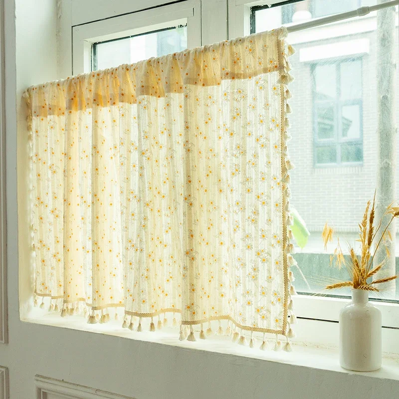 Beige Vintage Floral Curtain Patterned Bohemian Short Drapes Rod Pocket Farmhouse Window Curtain for Bedroom Living Room Kitchen