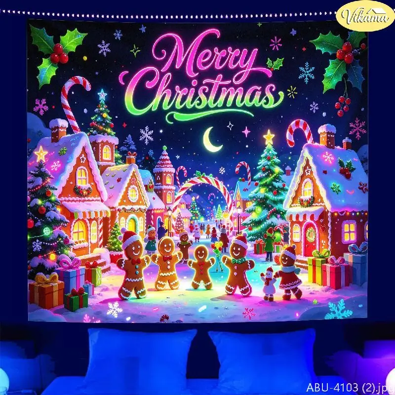 VIKAMA Christmas Tapestry, Merry Christmas Gingerbread Man Candy House Wall Hanging, Christmas Party Home Decor