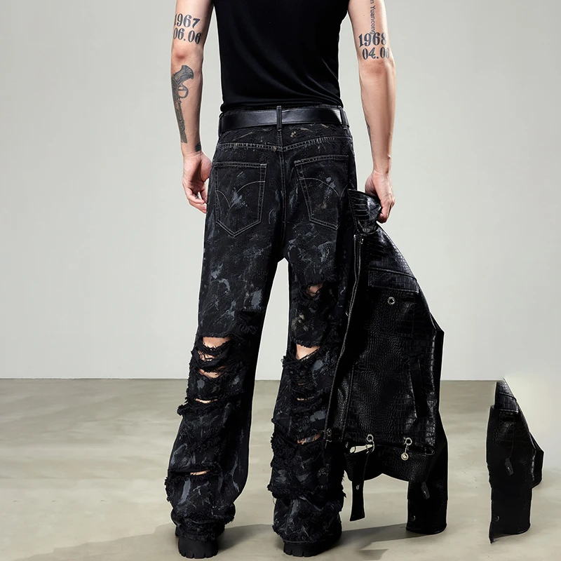 American High Street Mud Worn and Torn Big Damage Graffiti Jeans Men's Fashion Brand Bell-Bottoms Wide-Leg2024New Men's Clothing