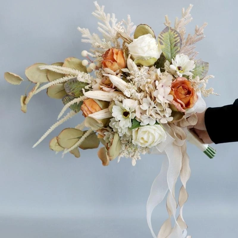 

Нежные шелковые цветочные ансамбли, красивый букет из искусственного шампанского, оранжевый, связанный вручную, для декора на и