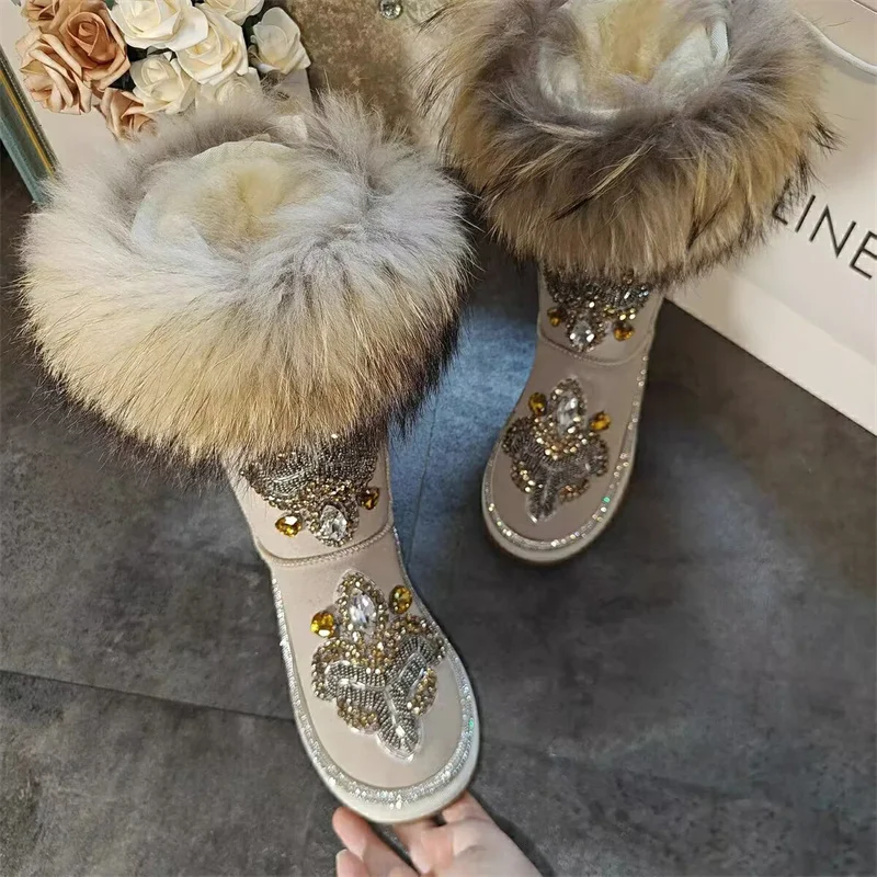 Fox hair boots handmade winter plus fleece warm boots Diamond beaded fur boots women\'s large size 35-44