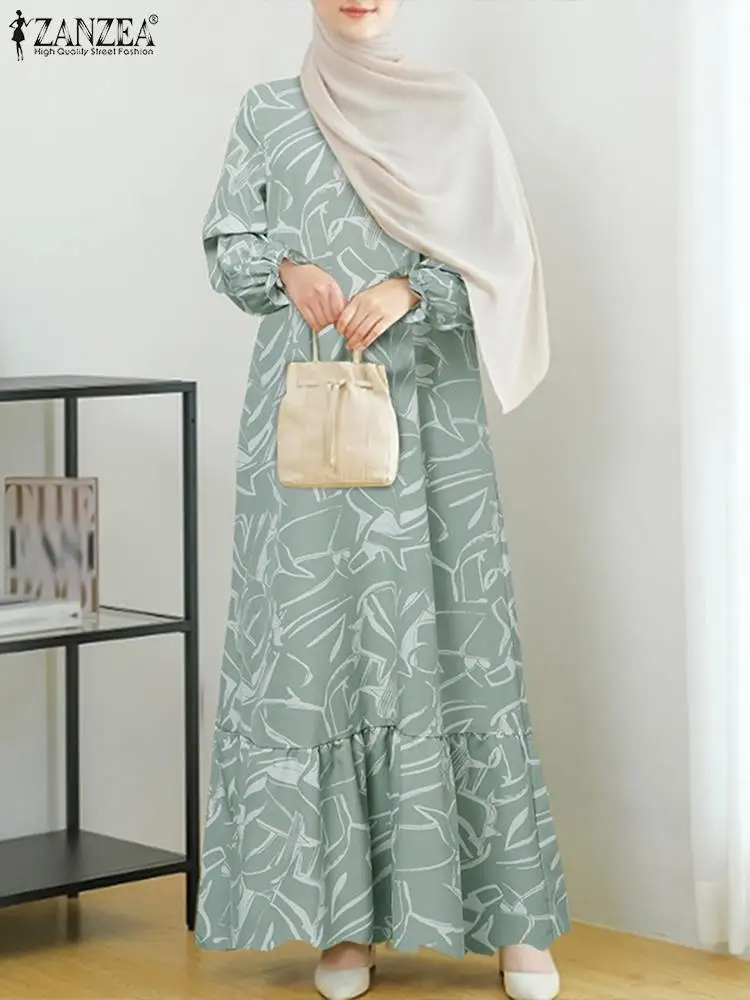 Elegante Damesmode Bloemenprint Abaya Moslim Jurk Zanzea Robe Femme Lange Mouw Ruches Zoom Zonnejurk Vintage Islamic Vestido