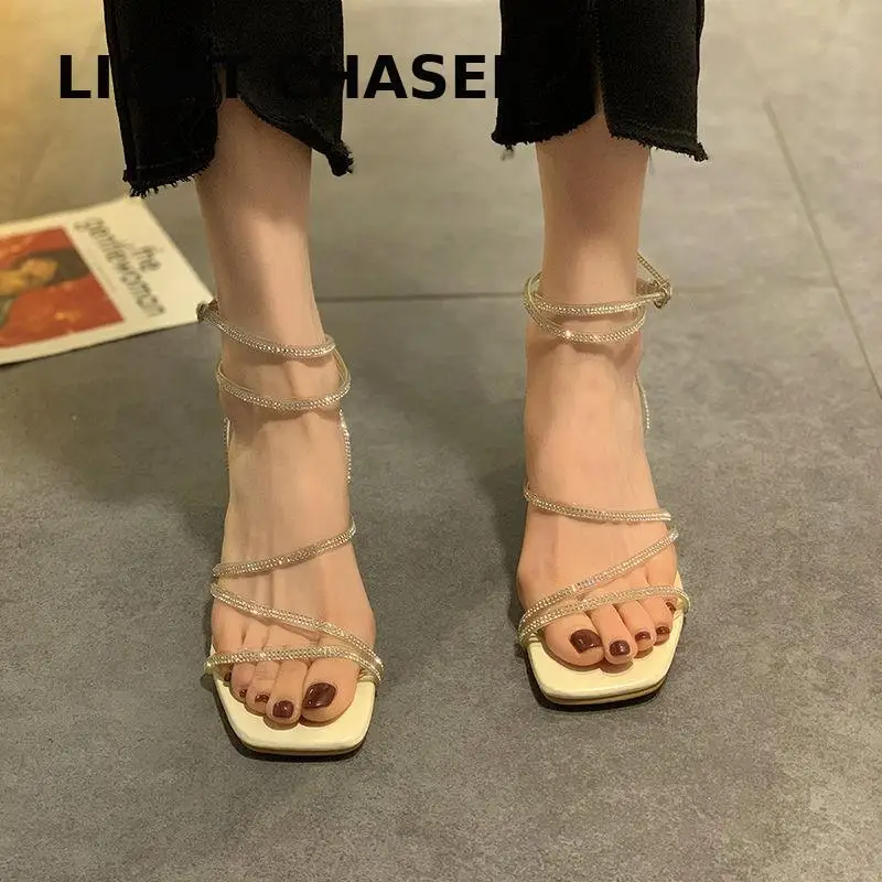 2022 Hot Sale Cross Tied Sandals Women Summer Beach Sandals Simple Ladies Square Toe High Heels Rhinestone Low Heel Dress Shoes