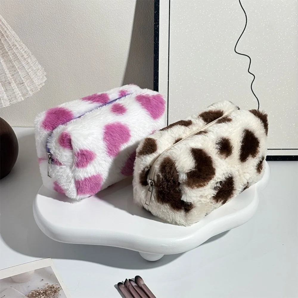 1Pc Portable Fluffy Makeup Bag Heart Print Large Capacity Cosmetic Pouch Makeup Storage Organizer Home Travel