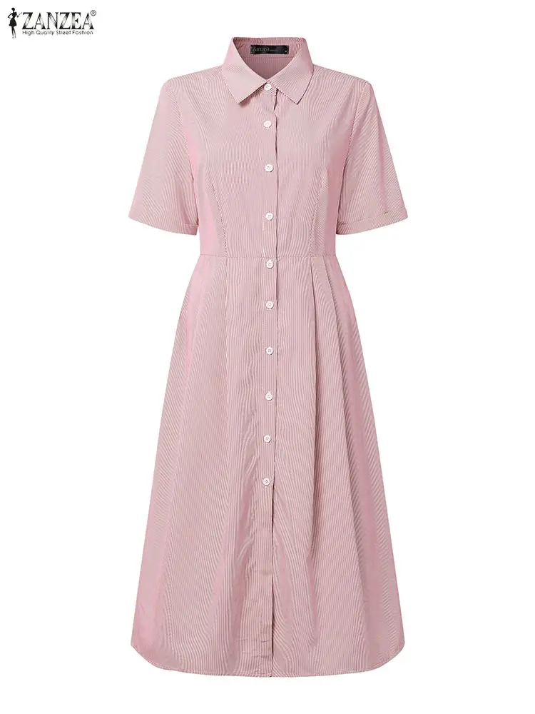 Office Women Dresses ZANZEA 2025 Summer Striped Dress Stylish OL Work Sundress Vestido Elegant Lapel Neck Short Sleeve Midi Robe