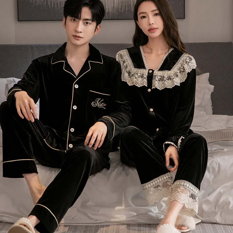 Velour Men Pajamas Set Autumn Winter Couple Sleepwear Trouser Suits Loose Velvet 2 PCS Shirt Pant Homewear