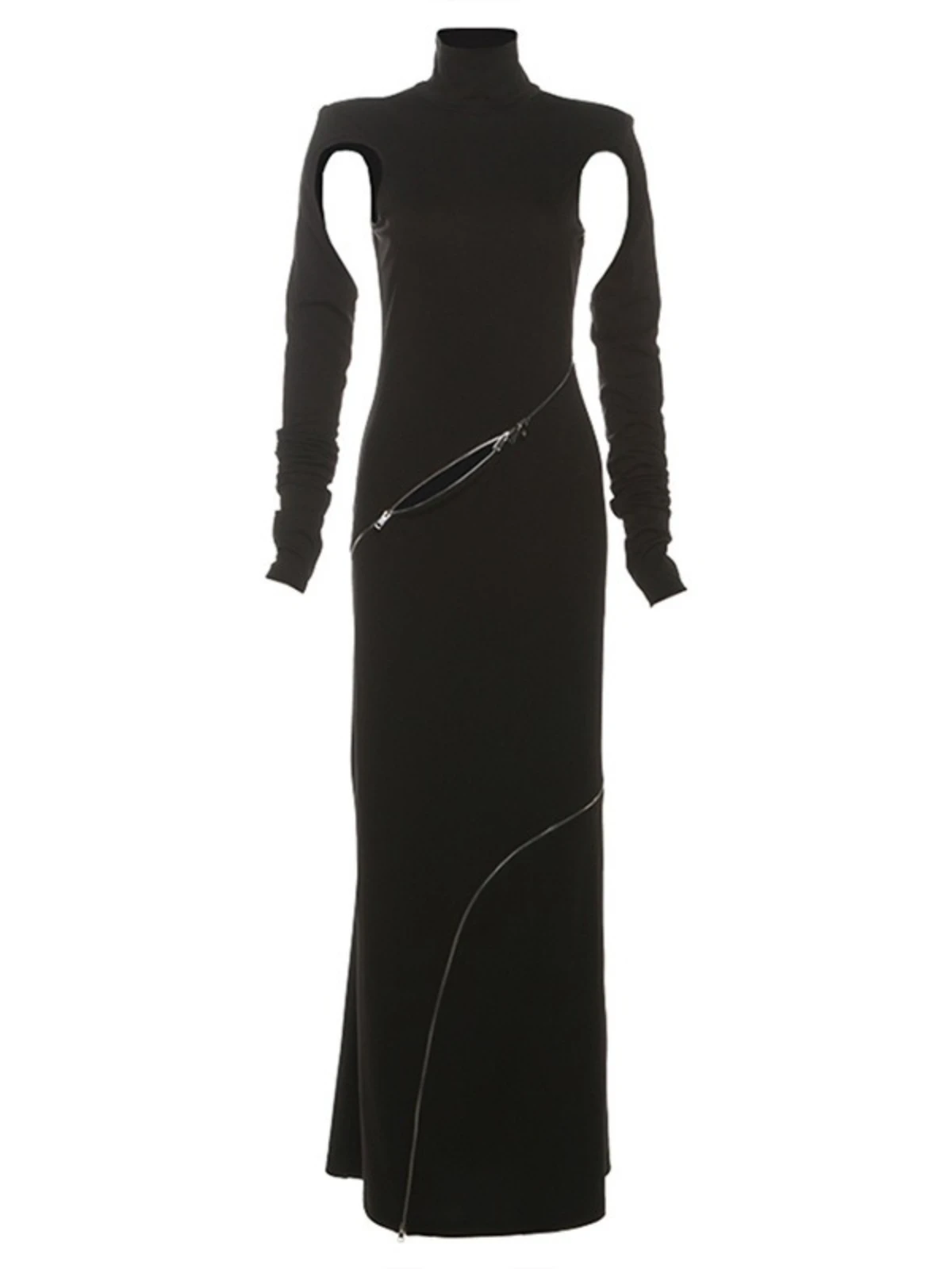 SsTss Sexy Zwarte Uitgesneden Lange Jurk Voor Vrouwen Mode Coltrui Lange Mouw Ritsen Decoratie Slim Fit Party Club Maxi Jurk