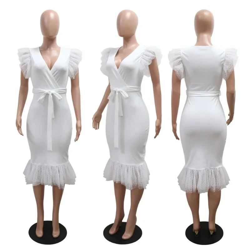 GUWU Damska Sukienka Midi Bez Rękawów z Dekoltem w Serek, Falbanami i Obcisłym Krojem, Moda 2025, Wakacje, Urodziny, Seksowna Sukienka na Imprezę, do Klubu