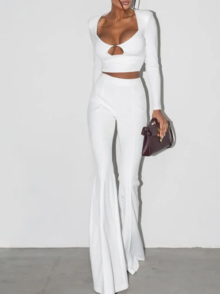 

Fashion Women's Temperament Slim Trousers Set Spring Autumn Solid Color Hollow Long-sleeved Top Wide-leg Trousers Two-piece Sets