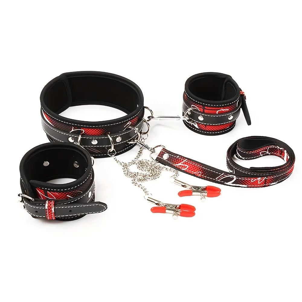 

Red Polyester Collar Handcuffs with Metal Chain Nipple Clip BDSM Alternative Adult Flirting Sex Play Toys For Women and Couples