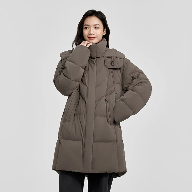 Chericom Mittellange, solide Daunenjacke mit befestigter Kapuze, Zwei-Wege-Reißverschluss vorne, gestrickte elastische Bündchen, schräge Taschen, Y308130Y