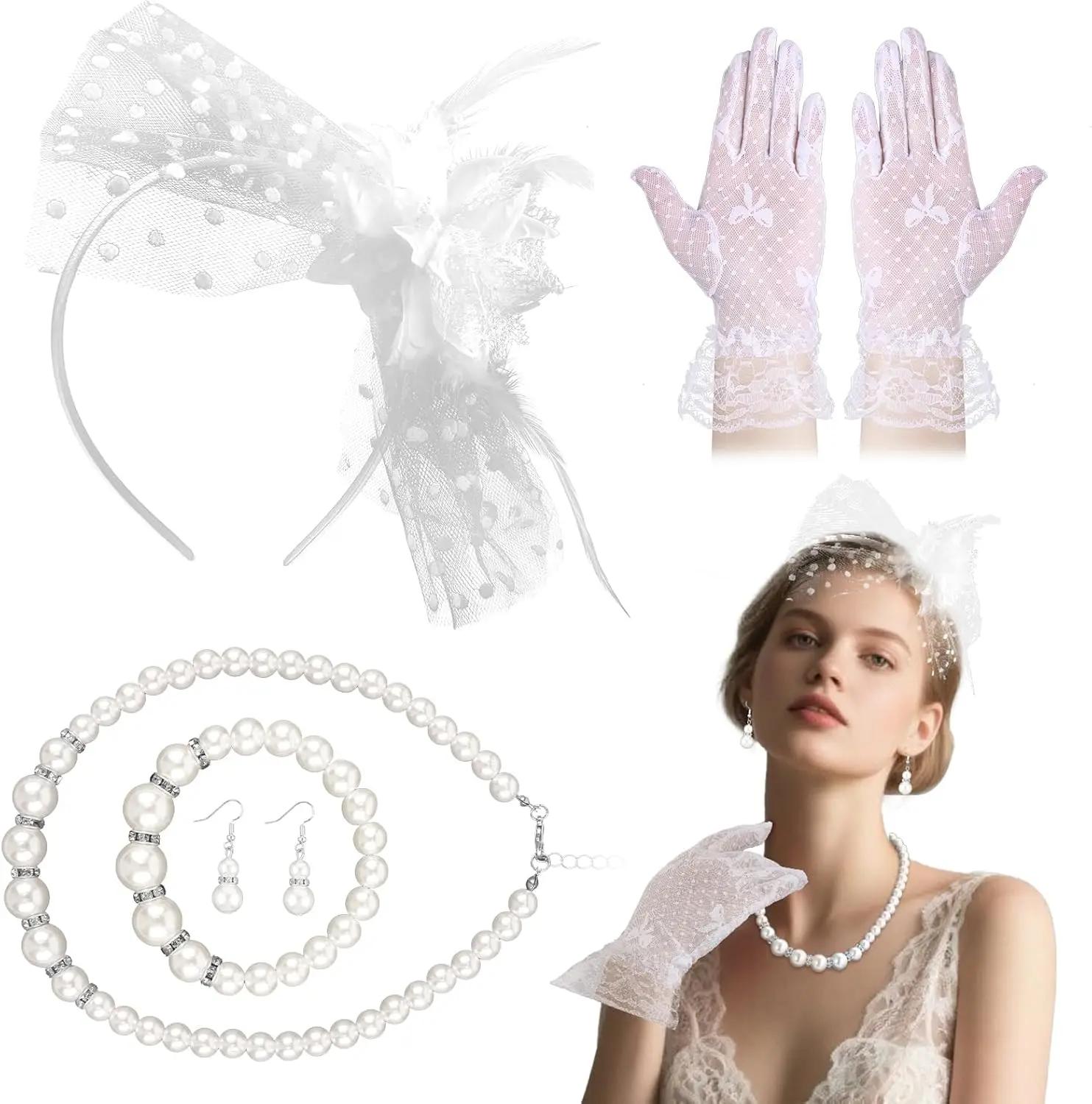 

Набор из 5 предметов для чаепития для женщин: шляпка-фасцинатор, кружевные перчатки и жемчужное ожерелье для коктейльных вечеринок и свадеб