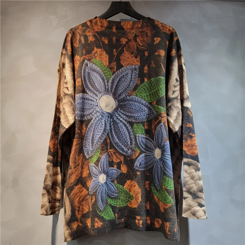 WTHT mode femmes épissé fleur irrégulière imprimé pull en tricot 2025 été à la mode col rond à manches longues pulls femme 1LS1392