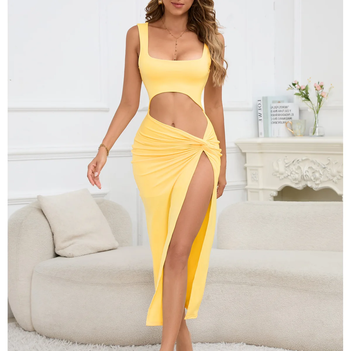 Women's long dress  new style suspender solid color hollowed out navel sexy dress2024