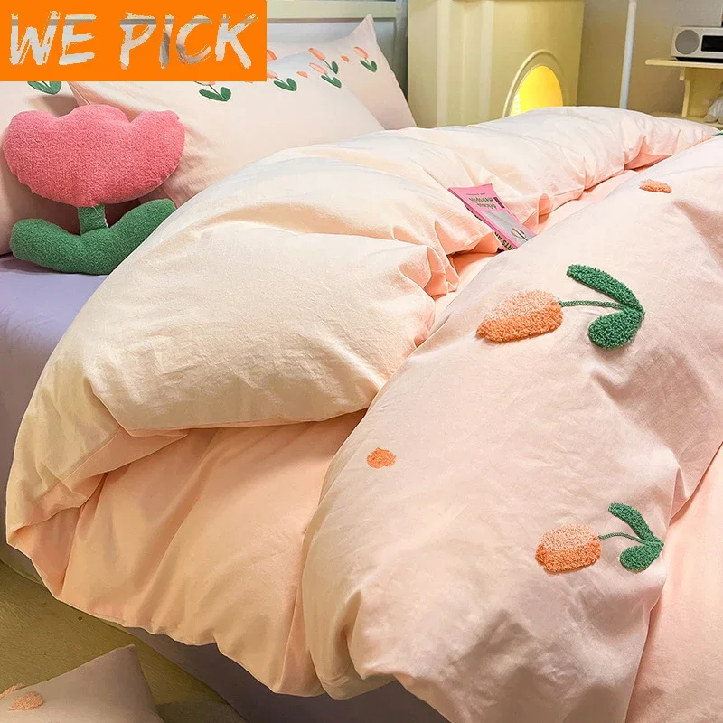 

WEPICK Korean Girls' Heart Wash 100% Cotton Pure Bedding Set of Four Pieces Pink Bedding Quilt Cover Sheet Home Bedding Sets