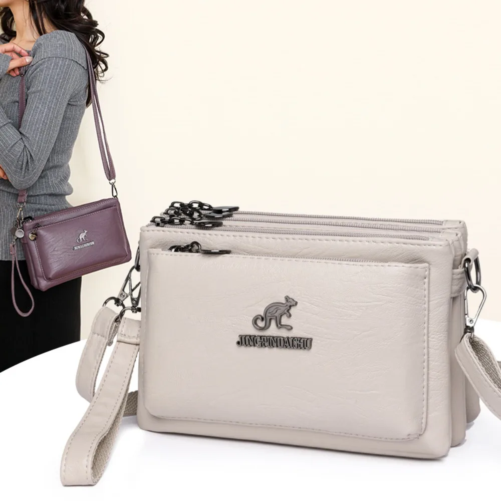 

Soft Multiple Zip Pockets Shoulder Bag Retro Waterproof PU Leather Crossbody Bag Simple Solid Color Square Phone Bag Elderly