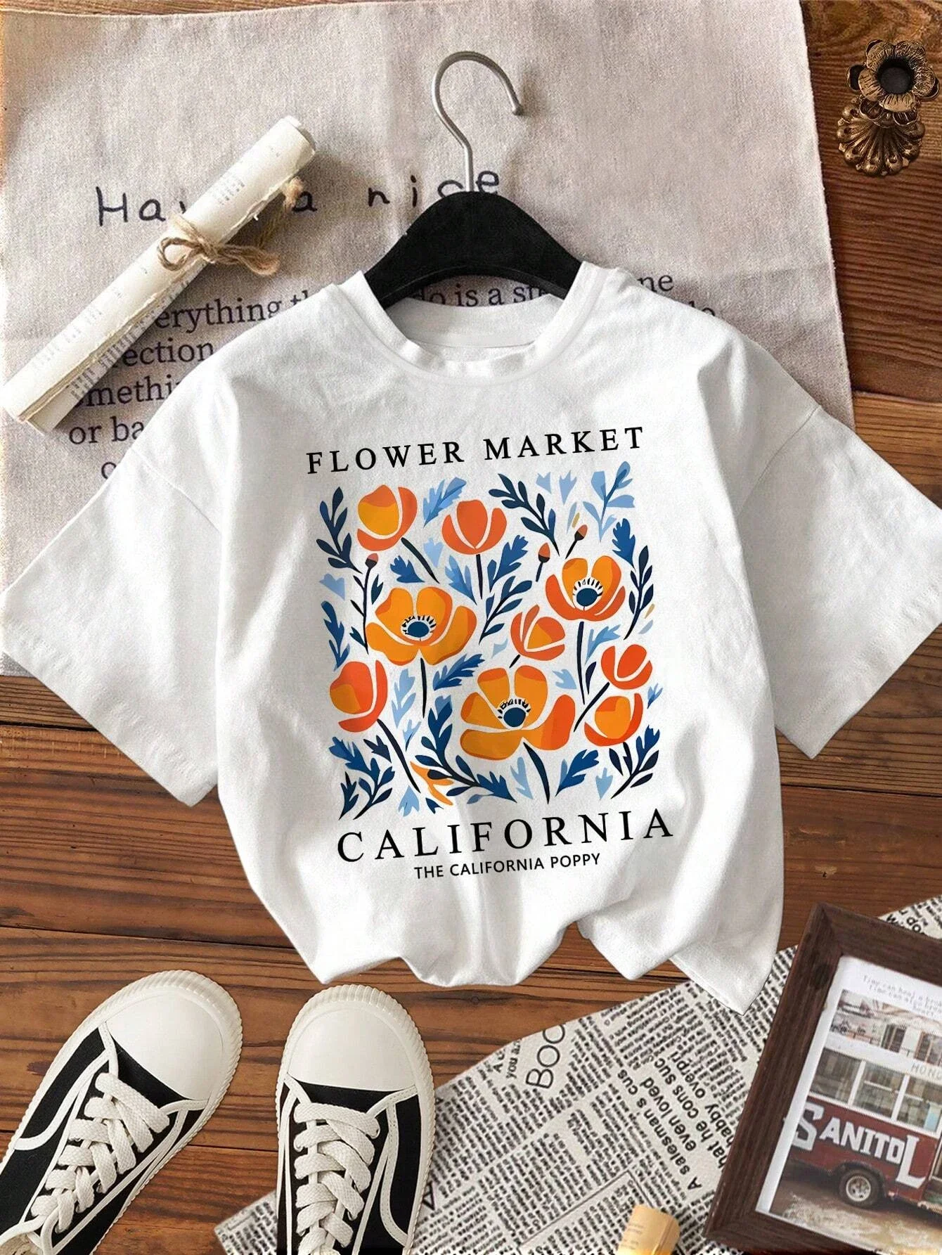 Plus size camiseta feminina flores mercado califórnia gráfico camiseta de algodão manga curta camisa o-pescoço casual t camisa esportes feminino topo
