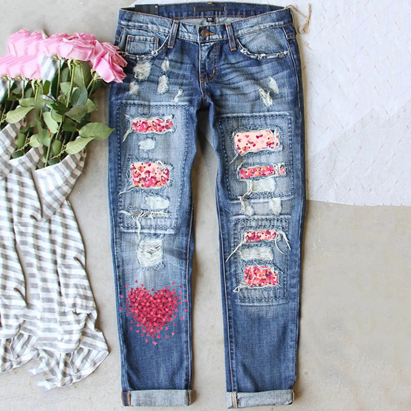 Valentine's Day Women's Valentine Love Jeans Printed Holes Casual Women's Denim Pants Gift For Lovers Couple Clothes