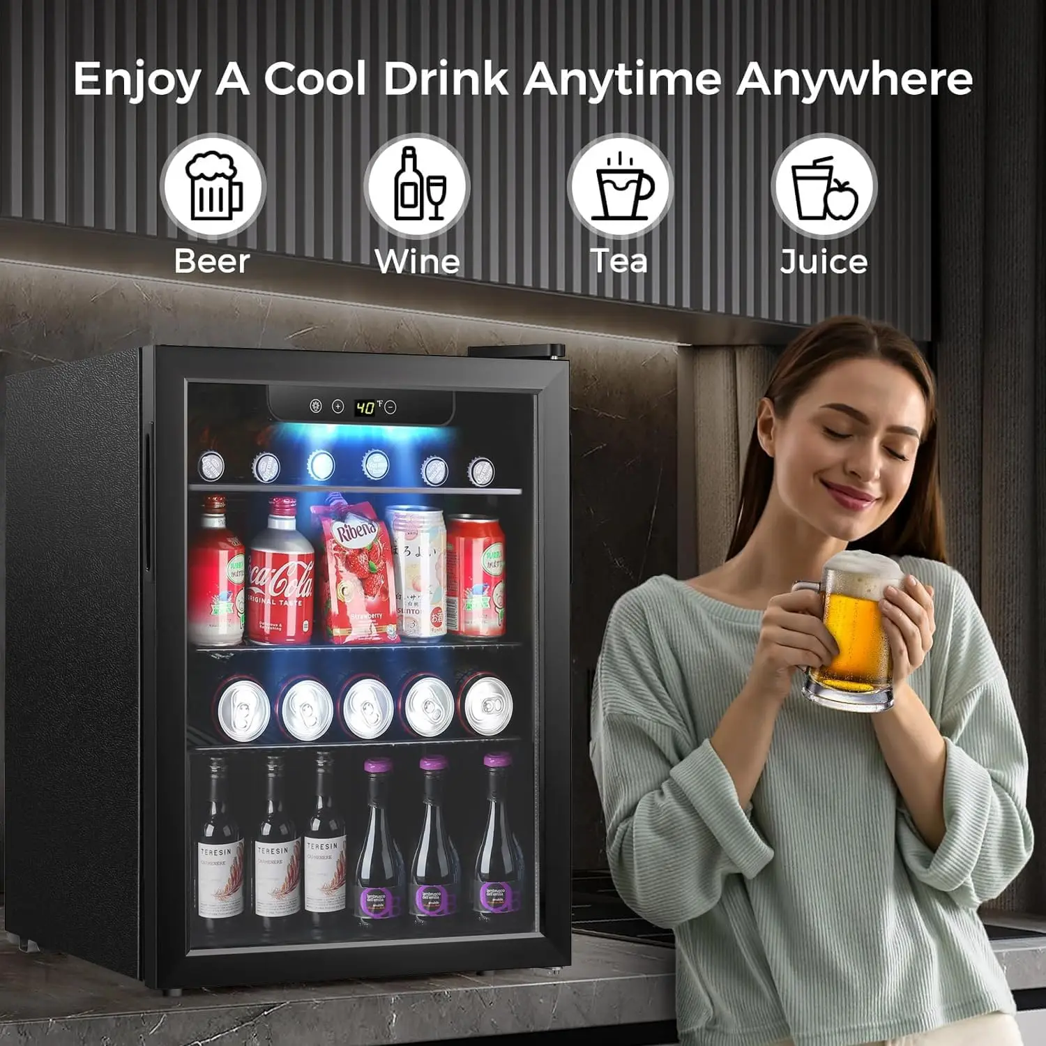 Beverage Refrigerator and Cooler,95 Can Mini Fridge with Glass Door for Wine or Soda Beer, Touch Screen, Small fridge