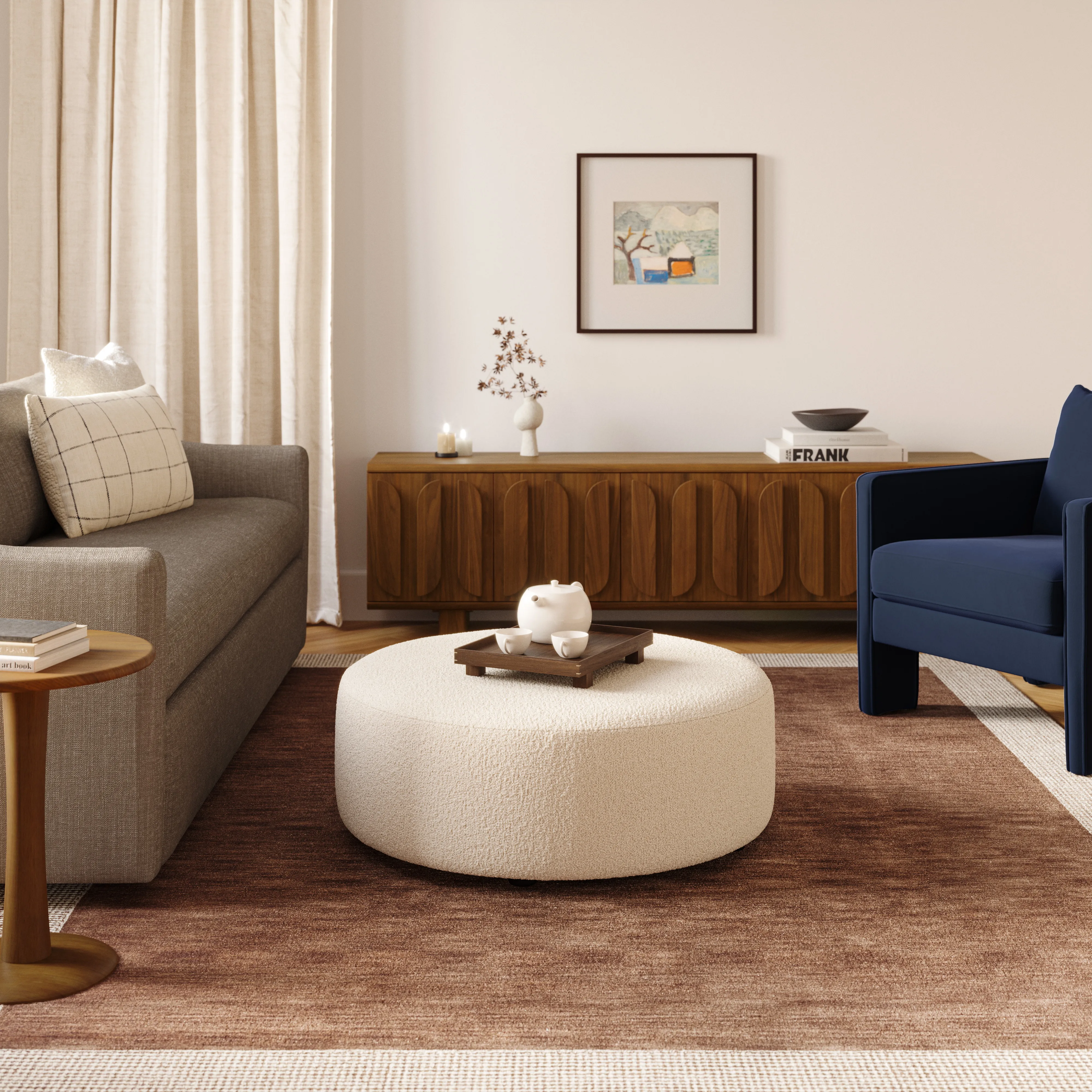 Mid Century Modern Walnut TV Stand, 3D Pill-Shaped Fluted Wood TV Cabinet, Rounded Corners 4-Door Media Console For Living Room