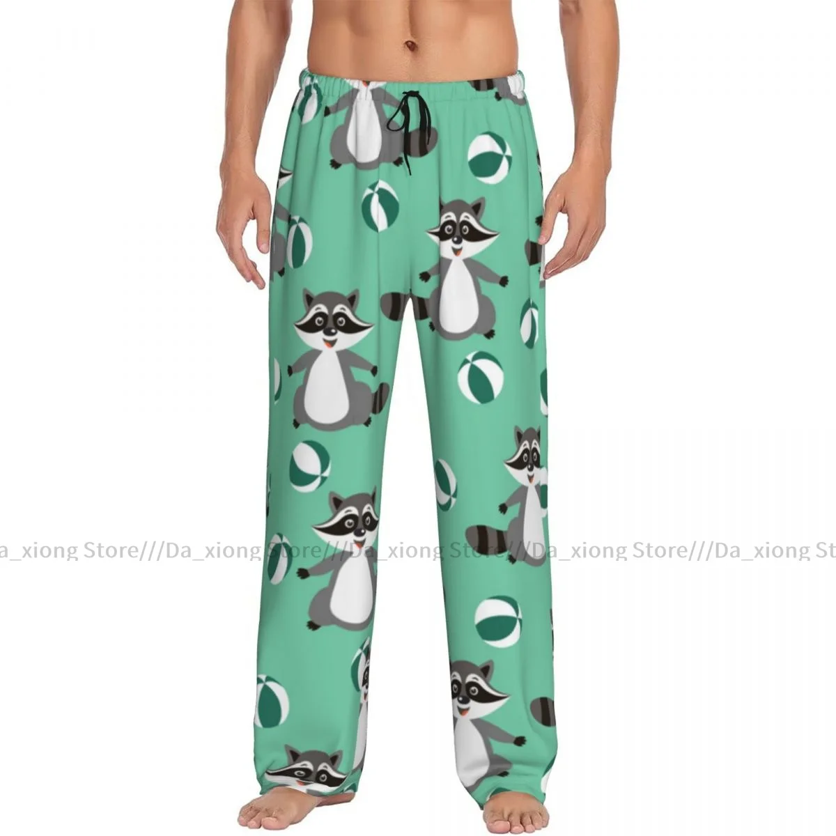 Mens Casual Pajama Long Pant Loose Elastic Waistband Cute Raccoon In Doodle Style Cozy Sleepwear Home Lounge Pants