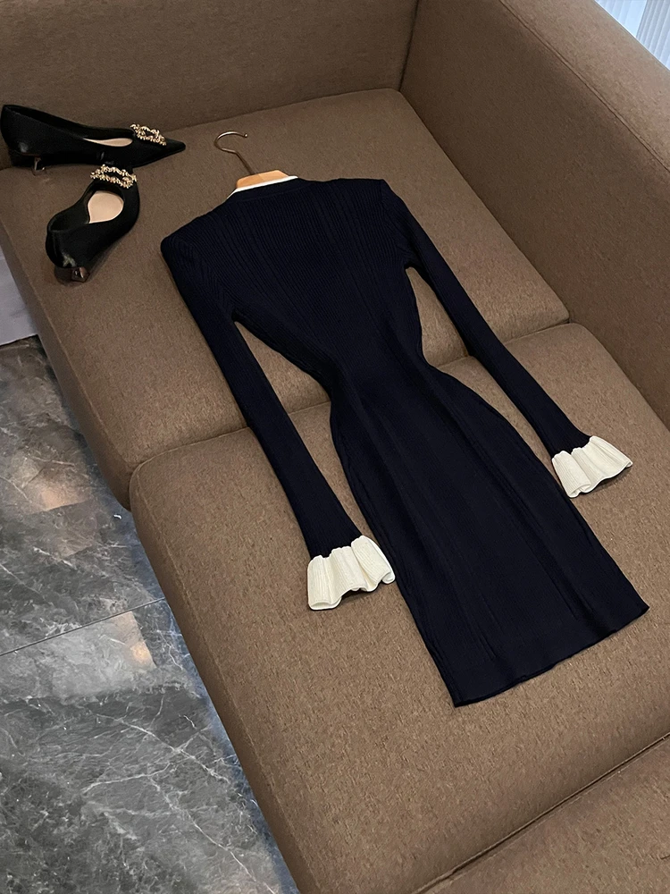 Autumn Winter Slim Fit Knitted Dr with Belt round Ne Long Sve Color Blo Casual Sle Ci Commute Suitable BK375