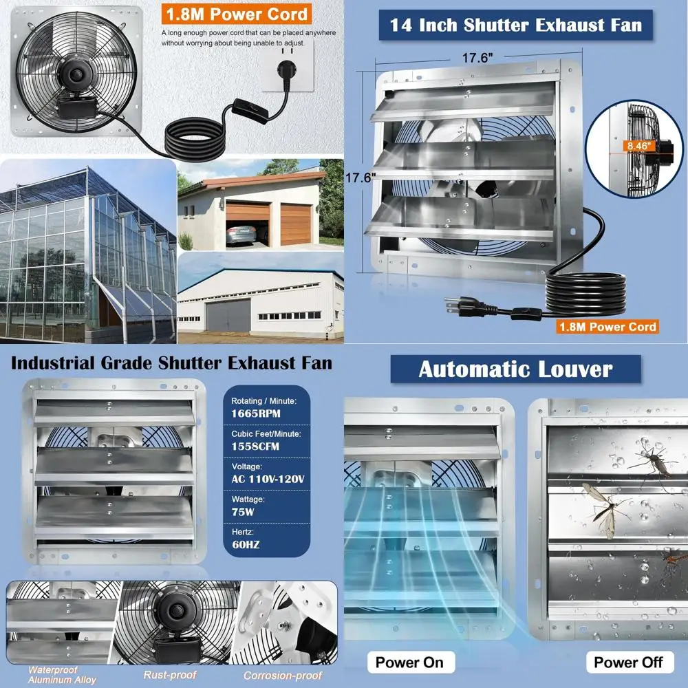 

14 Алюминиевый вытяжной вентилятор с жалюзи, 1558 куб. футов в минуту, малошумный, настенный, со шнуром питания длиной 1,8 м для вентиляции в теплицах, гаражках,