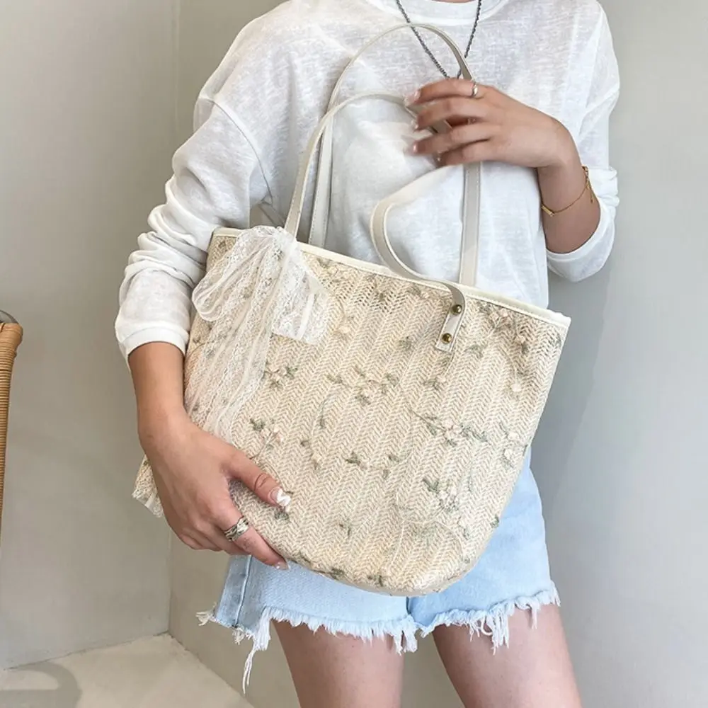 

Модная вместительная сумка через плечо из плетеной соломки, портативная, ручной работы, для покупок, с кружевом