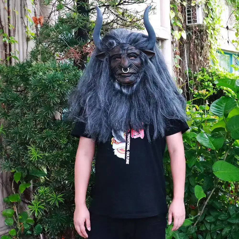 Máscara de Minotauro de terror con peluca, cubierta de cabeza de monstruo de bestia aterradora, Cosplay de película, fiesta de Carnaval de Halloween, accesorios de disfraz de vaca de Diablo, Máscara