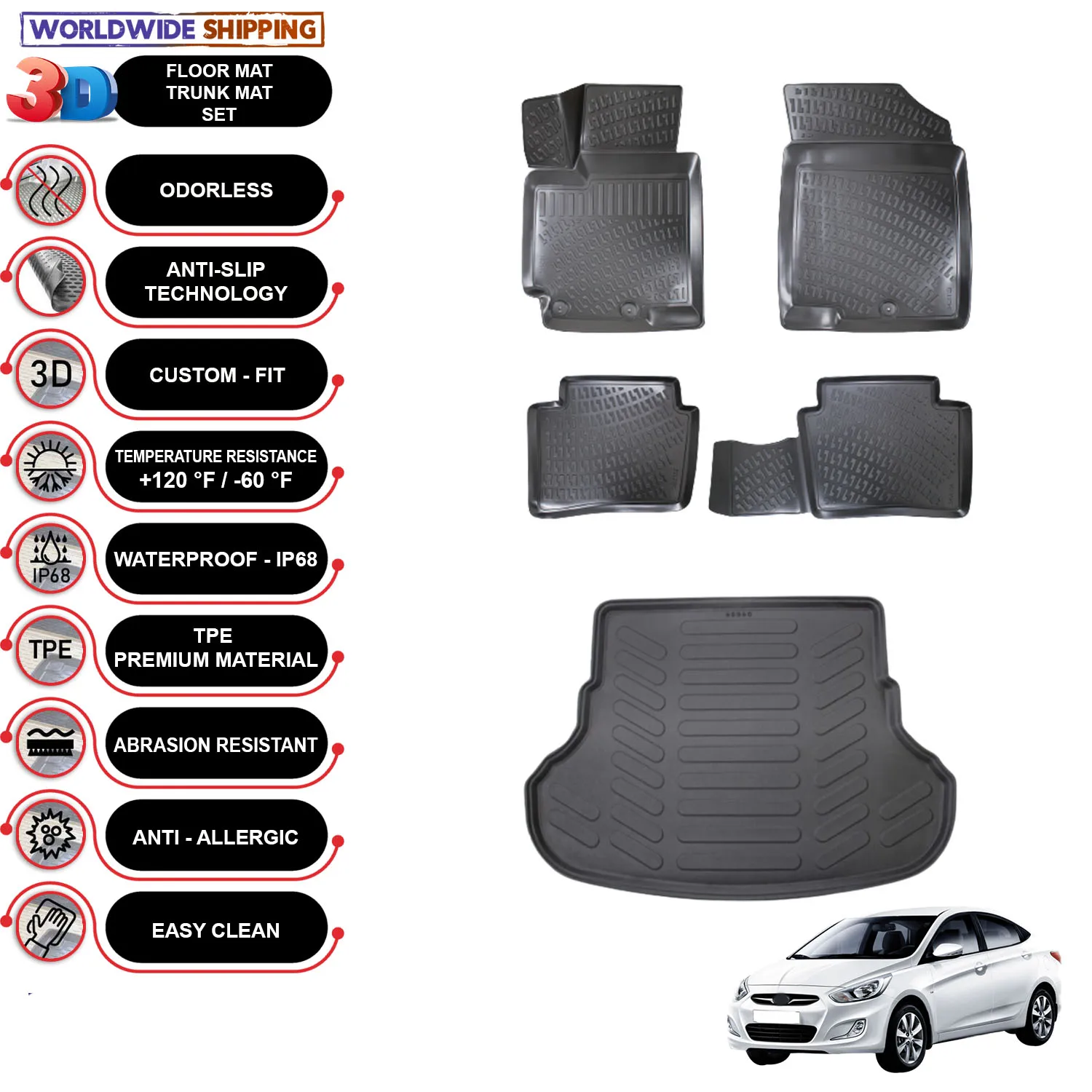 Hyundai Accent - (2011-2018) - Floor Mats + Cargo Trunk Liner - SET - (Black)