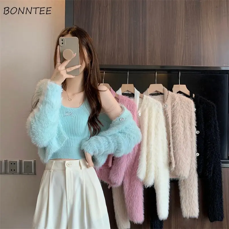 

Women Sets Fluffy Long Sleeve Knitted Cardigans Solid Female Sling Tanks Heart Embroidery Autumn All-match Sexy Slim-fit Casual