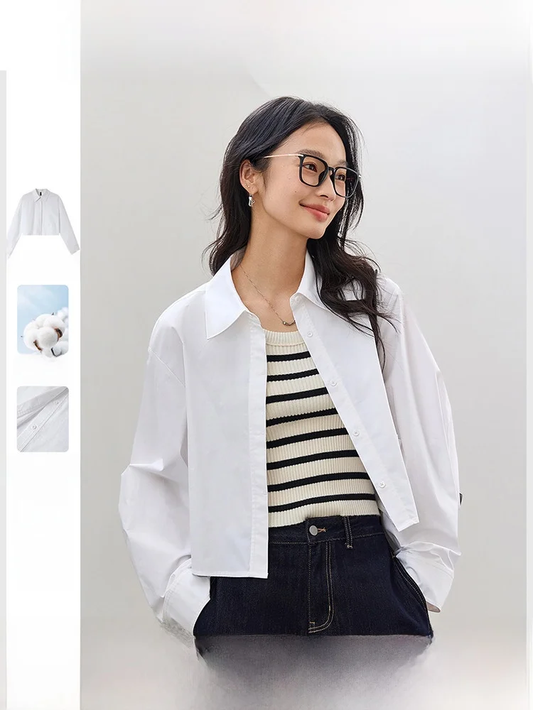 

Simple Commute Women's ort Cotton irt Turn-down Collar Pure Cotton Top Casual Sle Loose Fit Long Sve Spring Autumn